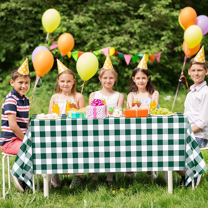 WNINK 3 Pack Green and White Checkered Rectangular Plastic Tablecloths, Green Gingham Waterproof Disposable Table Covers 54" x 108" for Birthday, Wedding, Outdoor Picnic Camping Parties