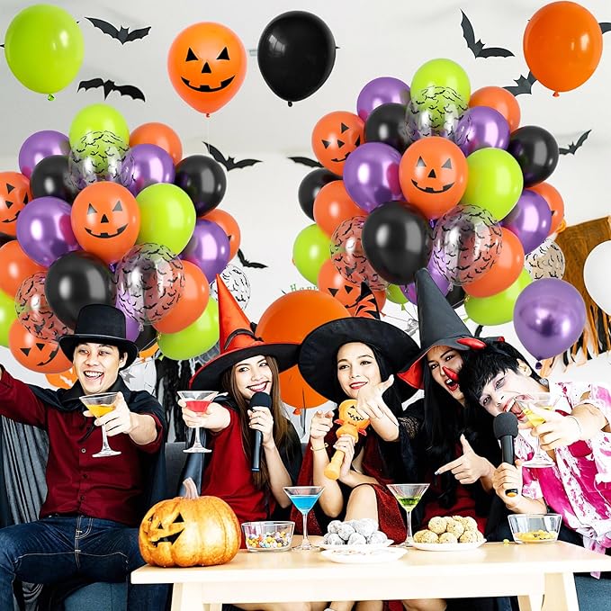 Halloween Party Balloons, Black Orange Green Purple Party Balloons, Metallic Purple Balloon Bat Pumpkin Head Printed Balloon for Halloween Birthday Baby Shower Home Garden Party Decoration