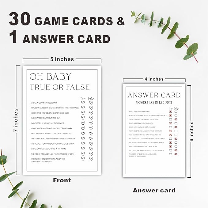 Baby Shower Party Games- Minimalism Black &White-True Or False Game For Guest-30 Game Cards & 1 Answer Card-Wishes For Baby-Baby Announcement Gender Reveal Game Card 08