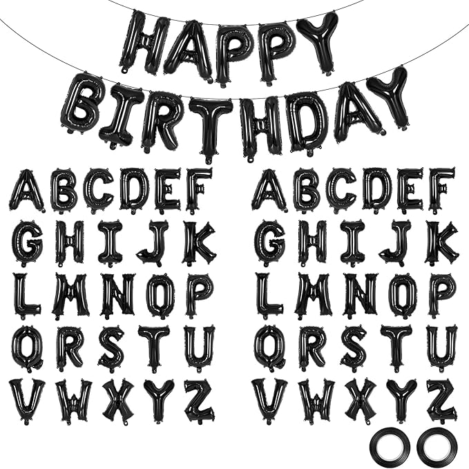 65 Pcs Black Happy Birthday Balloons and 2 Sets A-Z Letters Foil Balloons, 16 Inch Personalized Name Happy Birthday Banners for Wedding Baby Shower Anniversary Party Decorations (Black)