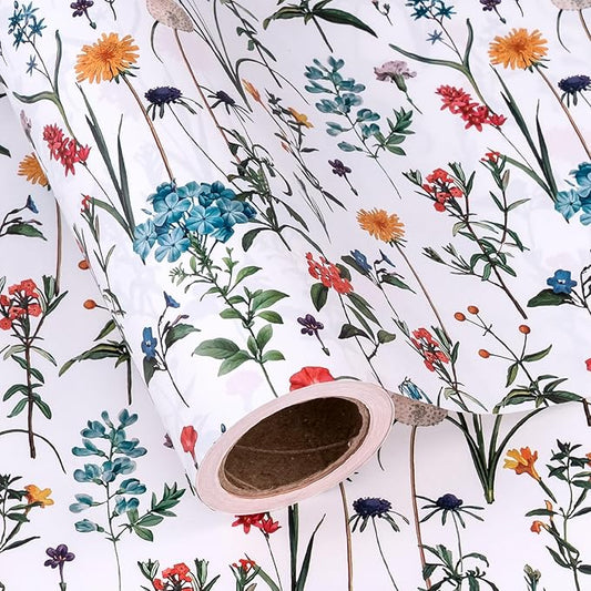 WRAPAHOLIC Kraft Wildflower Wrapping Paper - Mini Roll - 17 Inch x 16.5 Feet - Floral Wrapping Paper for for Wedding, Birthday, Bridal Shower, Tea Party
