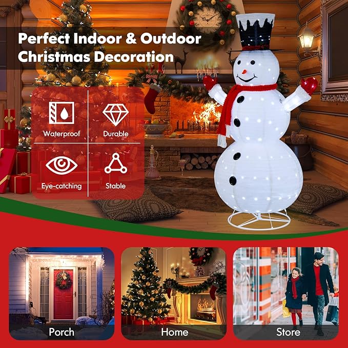 Tangkula 6 FT Lighted Christmas Snowman, Outdoor Pop-up Snowman Figure w/200 Lights, Red Scarf, Black Hat, Ground Stakes, Zip Ties, Collapsible Faux Light up Snowman for Party, Festival Decor
