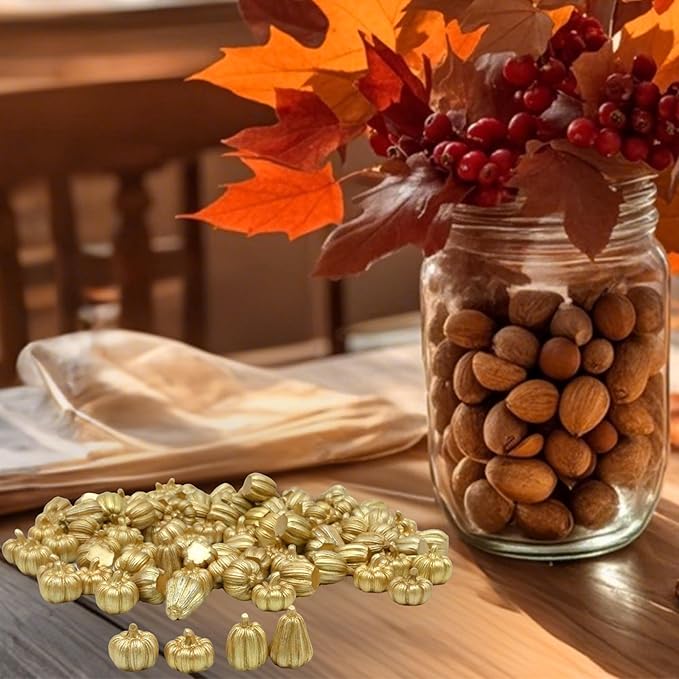 100Pcs Mini Pumpkins for Crafts, Small Pumpkin in Bulk, Gold Decorative Pumpkins, Artificial Tiny Resin Miniature Pumpkin for Decorating, Home Decor, Fall, Thanksgiving, Halloween
