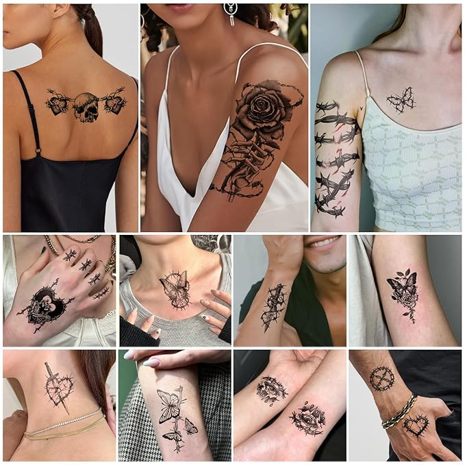 77 Sheets Temporary Tattoo for Women Men, 17 Sheets Half Arm Large Black Barbed Wire Fake Tattoos, 60 Sheets Skull Heart Flowers Tiny for Adult Kids Cosplay Party Body Tattoos Stickers Realistic