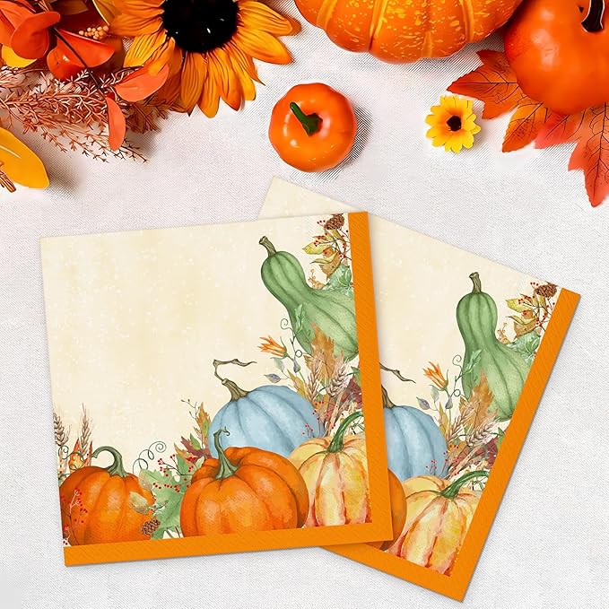 80 Thanksgiving Party Paper Napkins Disposable 13" x 13" Fall Dinner Napkins Autumn Harvest Pumpkin Luncheon Napkins