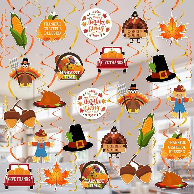 Thanksgiving Decorations Hanging Swirl - 36Pcs Thanksgiving Hanging Ceiling Streamers - Turkey Corns Pumpkin Maple Leaves Swirls for Home Indoor Outdoor Party Office Decor Supplies (NO DIY Required)