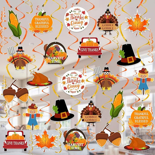 Thanksgiving Decorations Hanging Swirl - 36Pcs Thanksgiving Hanging Ceiling Streamers - Turkey Corns Pumpkin Maple Leaves Swirls for Home Indoor Outdoor Party Office Decor Supplies (NO DIY Required)