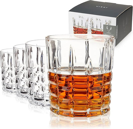 Viski Highland Crystal Whiskey Glasses, Elegant Drinking Glasses for Bourbon, Scotch, Cocktails, and Neat Spirits, Lowball Tumblers Perfect for Hosting, Housewarming Party, Home Bars, 10 oz, Set of 4