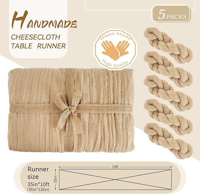 5 Packs Cheesecloth Table Runner Beige, 10Ft Rustic Gauze Boho Wedding Table Runner Decoration, Wedding Table Decor Table Cloth for Wedding Party Bridal Shower Table(35x120 inch)