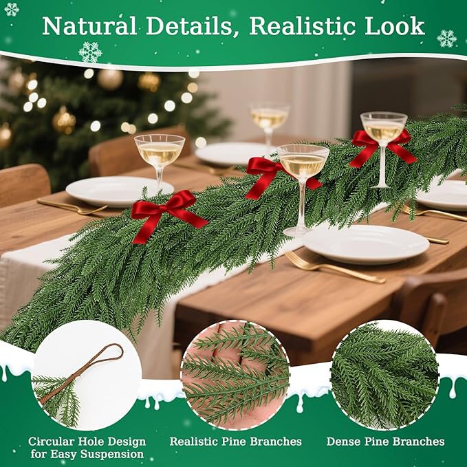 6 Ft Norfolk Pine Garlands,Artificial Christmas Real Touch Greenery Garland Realistic Faux for Mantle,Table,Sairs,Wall, Indoor,Outdoor Holiday Christmas Decorations Xmas-Green