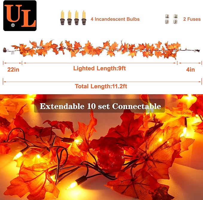 GAGALIFE Thanksgiving Decorations Fall Garland with Lights, 50 Warm Bulbs with Mini Pumpkins - 11FT Connectable Fall Lights Outdoor & Indoor, Realistic Maple Leaf String Lights for Fall Decor
