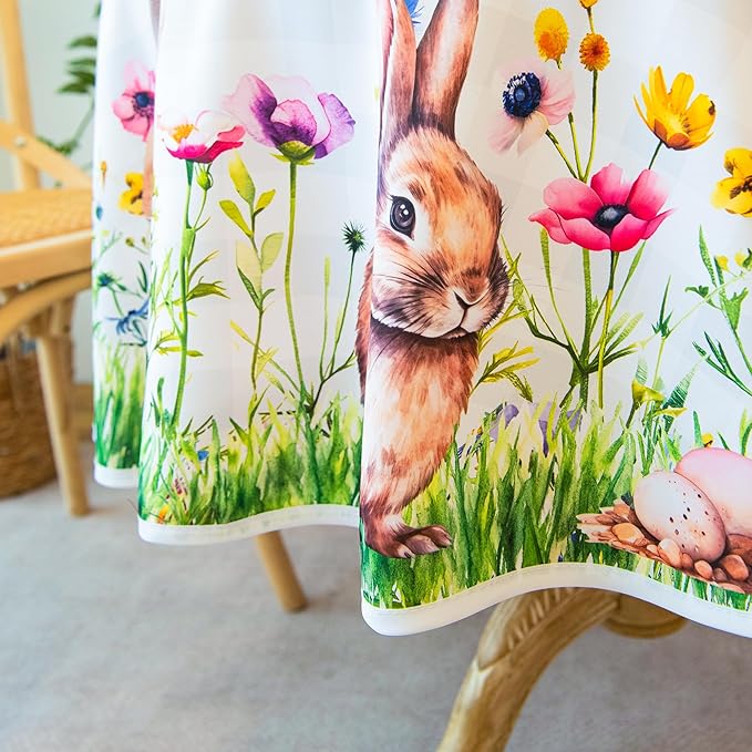 Easter Bunny Tablecloth Waterproof, Spring Floral Print Rectangular Table Cloth, Stain Resistant Table Cover Perfect for Dining & Kitchen Decor, 60 inch Round