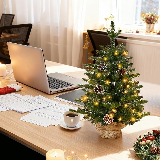 Joyhalo 2ft Small Christmas Tree with Lights Warm White, Pre Lit Table Top Christmas Tree, 61 Branches Mini Xmas Tree with Pine Cones for Room Office Classroom Decoration