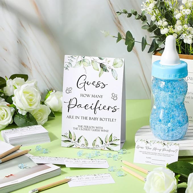 Roowest 512 Pcs Baby Shower Games Guess How Many Pacifiers Sign 100 Small Guessing Games 10 HB Pencils 750ml Milk Bottle 400 Acrylic Pacifiers Decoration for Guest Gender Reveal(Blue,Plant)