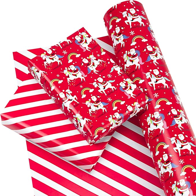 WRAPAHOLIC 30 Inch Jumbo Reversible Unicorn Christmas Wrapping Paper - 30 Inch x 100 Feet Jumbo Roll Red Santa Claus, Unicorn Wrapping Paper and Stripe Design for Holiday, Party