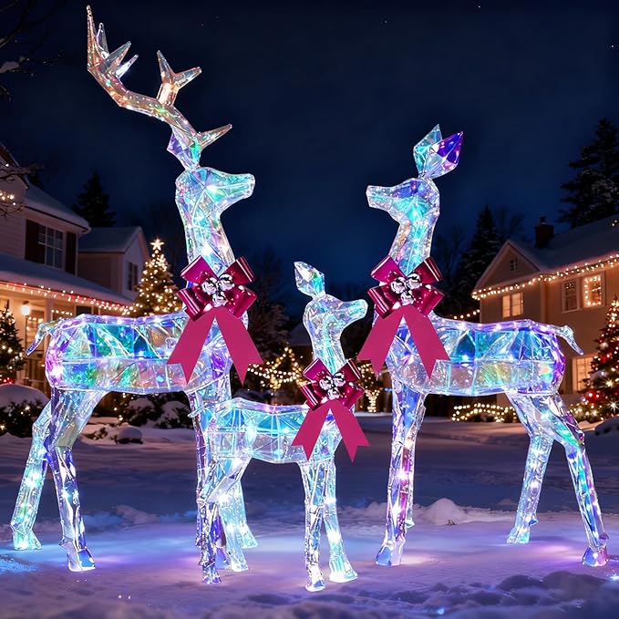 3-Piece Large Lighted Christmas Deer Family Set, 5FT Reindeer Christmas Decoration for Yard, Lawn, Front Porch, Xmas Deer Outdoor Decor with 260 LED Lights, Stakes, Zip Ties - Iridescent