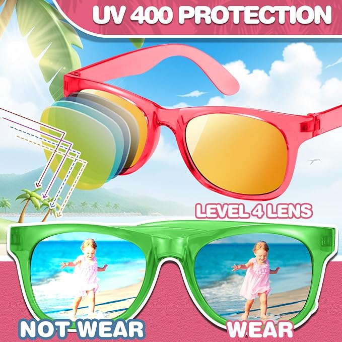 12 Pack Kids Sunglasses Hawaiian Party Favors with UV400 Protection, 12 Colors Neon Sunglasses in Bulk for Boys Girls Birthday, Beach, Summer Pool Party Supplies, Goody Bag Stuffers, Classroom Gift