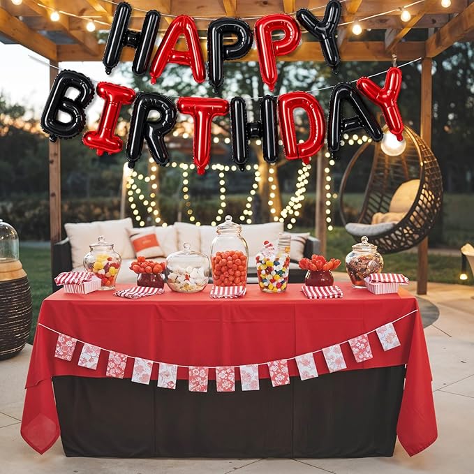 Happy Birthday Banner - 16 Inch Foil Red and Black Balloons, Self Inflating Letter Balloons for Boys Girls Party Decorations Supplies