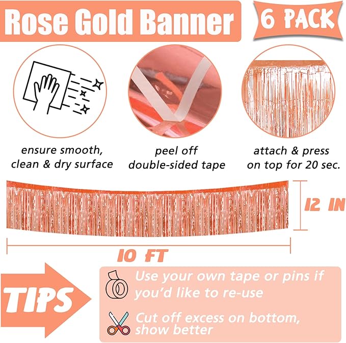 6 Pack 10 Feet Foil Fringe Garland Metallic Tinsel Banner Wall Hanging Curtain Streamers Backdrop for Parade Floats Bachelorette Wedding Birthday Party Thanksgiving Christmas Decorations(Rose Gold)