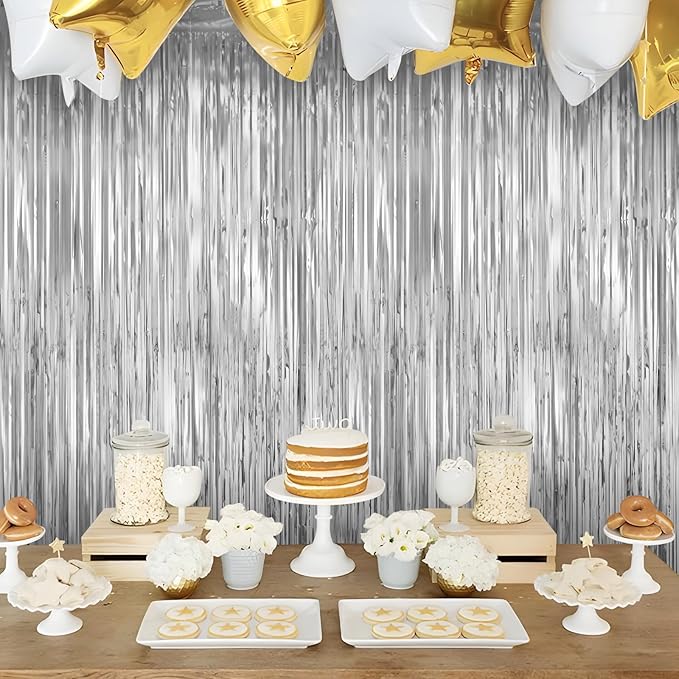 LOLStar 10 Pack Silver Party Decorations 3.3x6.6 ft Silver Foil Fringe Curtains Tinsel Backdrop Photo Booth Prop Streamer for Engagement Wedding, Birthday, Bridal Shower Disco Bachelorette Party Decor