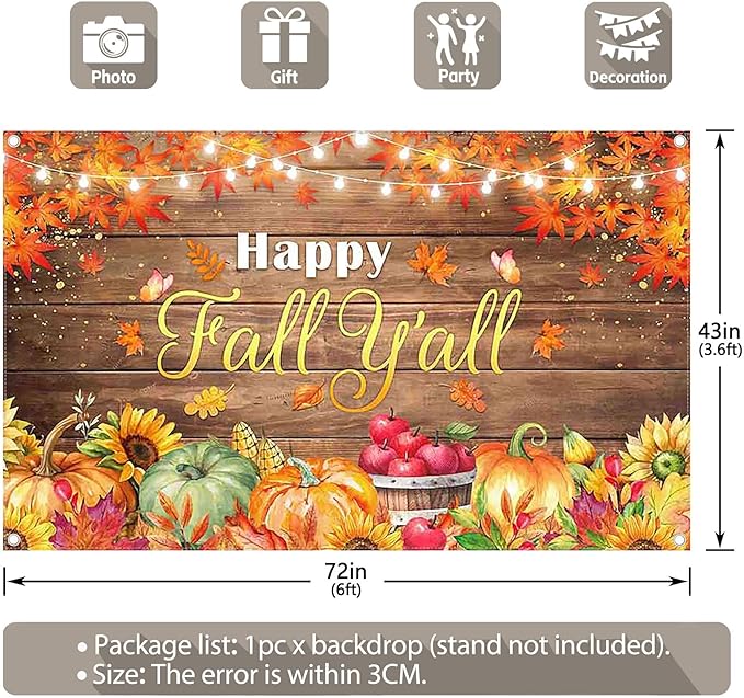 ZTHMOE 72x43inch Happy Fall Y'all Backdrop Autumn Wood Harvest Pumpkins Farmhouse Maple Leaves Photography Background Thanksgiving Party Decoratins Festival Photo Banner