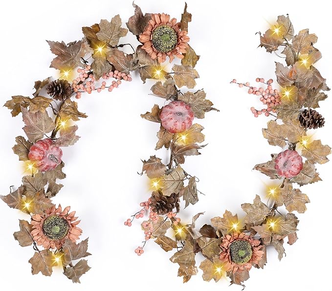 Artgar Fall Sunflower Garland - 6 Ft Fall Garland with 30 Warm Lights with Pumpkin Pinecone Berry for Thanksgiving Harvest Halloween Mantel Table Porch Railing Indoor Outdoor Decor