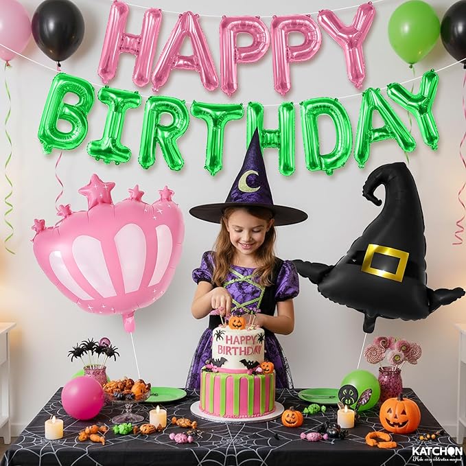 KatchOn, Happy Birthday Balloon Banner - Pack of 3 | Crown and Baby Witch Hat for Witch Birthday Decoration | Halloween Birthday Party Decorations for Kids | Wicked Party Decorations