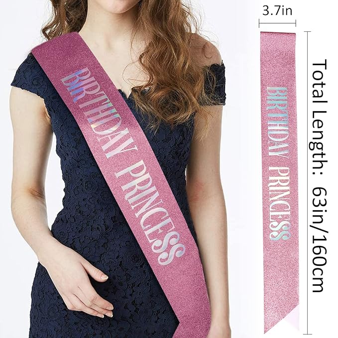CIEHER Princess Crown and Birthday Sash Set, Pink Tiara for Women, Birthday Decorations for Girls, Gifts