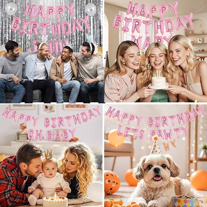 65 Pcs Pink Happy Birthday Balloons and 2 Sets A-Z Letters Foil Balloons, 16 Inch Personalized Name Happy Birthday Banners for Wedding Baby Shower Anniversary Party Decorations (Pink)