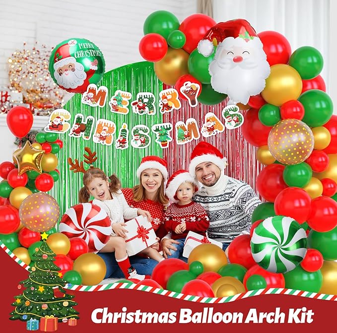 71 Pcs Christmas Balloons Garland Arch Kit Gold Sequined Balloons, Red Green Foil Fringe Curtain Christmas Birthday Backdrop Party Balloons Supplies