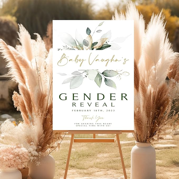 Greenery Gender Reveal Welcome Sign, Golden Leaves Sage Green Decorations Sign