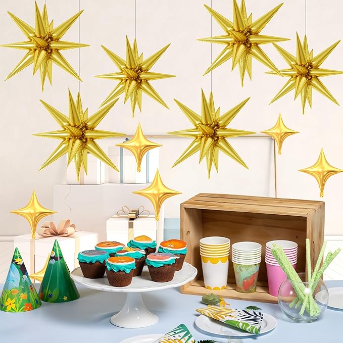 18 Pcs Gold Star Balloons, Gold Balloon with 6 Pcs 22-Inch Explosion Star Balloons 12Pcs 10-Inch Four Pointed Stars Foil Balloon for Anniversary Disco Birthday Party Decorations