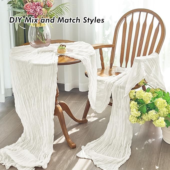 IVAPUPU 2 Pcs Cheesecloth Table Runner - 10ft Ivory White Boho Gauze Cheese Cloth Table Runners for Baby Shower Decoration Wedding Party Summer Garden Farmhouse