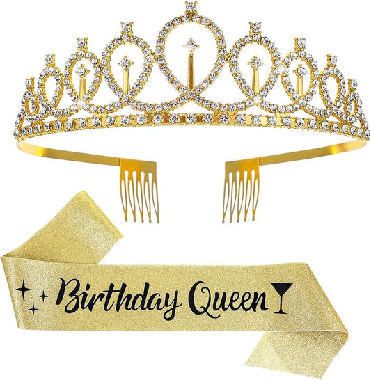 Elegant 2Piece Gold Crown and Ribbon Set, Deluxe Birthday Tiara for Women with Sash, Princess Party Accessories for Birthday Celebration, Halloween Cos-play Costume,Christmas