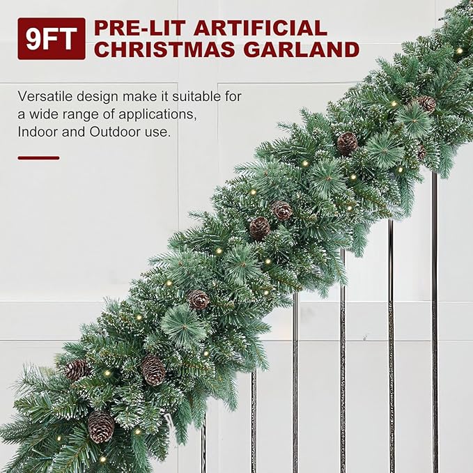 9FT Prelit Christmas Garland Decorations 50 White Light, Snow Xmas Garland with Lights, Pulg in, for Outdoor Indoor, Home Decoration Mantle Stairs Railing Fireplace Outdoor Indoor Door