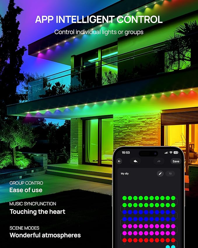 VCOKEN Permanent Outdoor Lights, 63.6ft with 36LED Outdoor Christmas Lights with App Control Remote, DIY Scene Modes Eaves IP65 Waterproof Light for Christmas, Holiday, Decor, Garden Decor