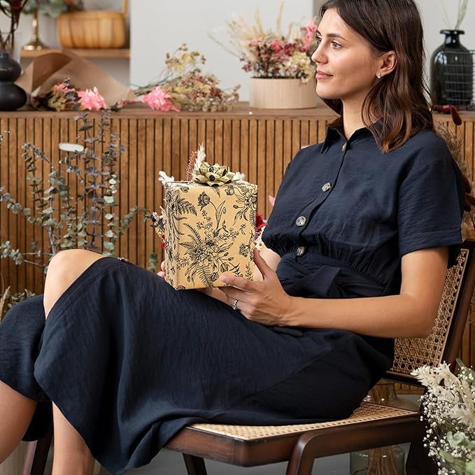 Yarcony Kraft Floral Wrapping Paper, Wildflower Wrapping Paper, Vintage Gothic Boho Black Floral Gift Wrap for Birthday, Bridal Shower, Wedding, Mother's Day, Graduation, Christmas (17 In X 33 Ft)