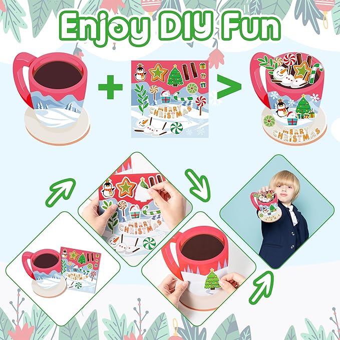 CY2SIDE 12 Set Christmas Hot Cocoa Cup Scene Sticker Art Craft for Kids, Make A Cocoa Cup Scene with Candy Sticker, DIY Xmas Party Games for School Classroom Activities