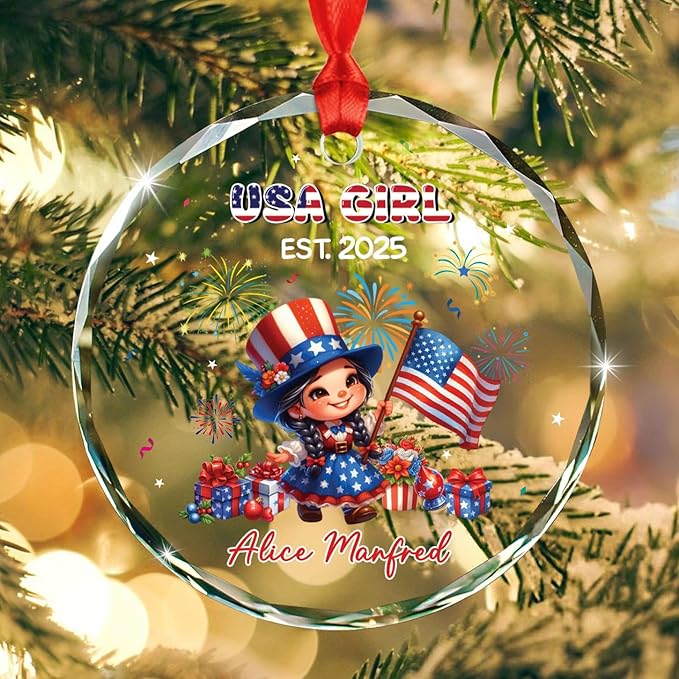 USA Girl Christmas Ornament Gift for Baby Girl Daughter Sister, Personalized Year & Name Keepsake Xmas Ornament Gift for New US Citizen, Customized American Celebrations Glass Decor Xmas Ornaments