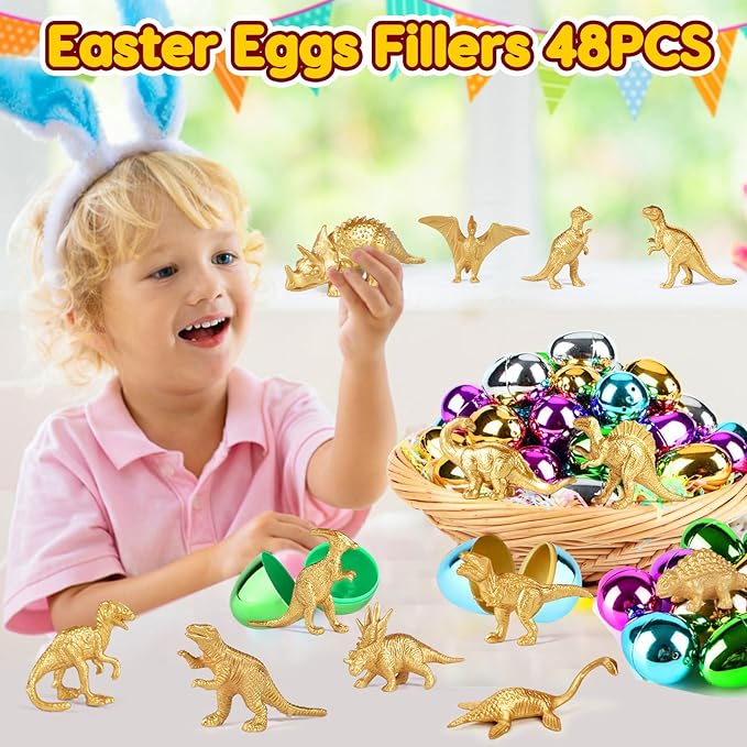AugToy Gold Plastic Mini Dinosaur Figures Toys 48PCS Party Favors Supplies Birthday Dino Cupcake Toppers Prizes Box Toddler Kids Classroom Goodie Bags Pinata Filler End of Year Student Gifts Bulk