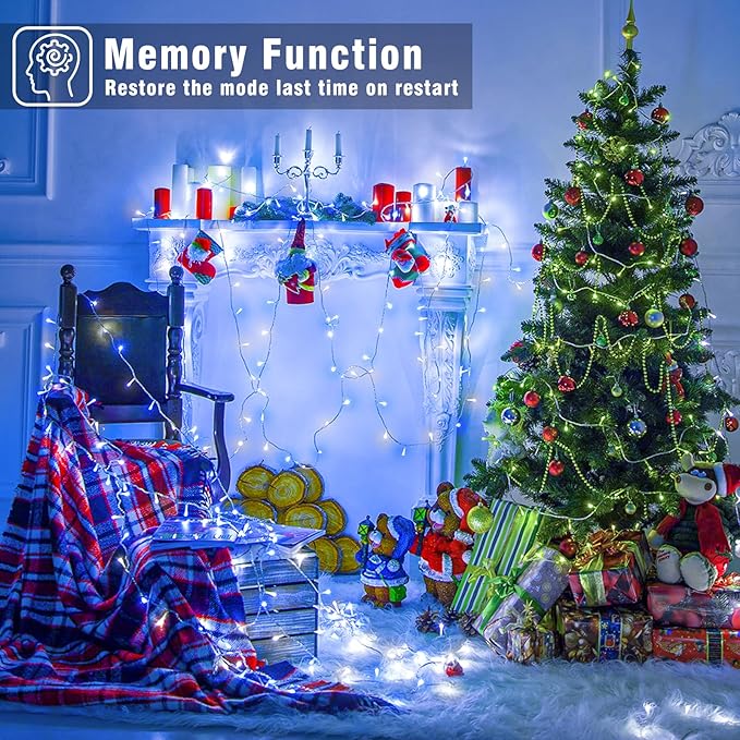 800 LED Christmas Lights Outdoor Indoor, String Lights for Outside with 8 Modes Waterproof, Plug in Twinkle Light Clear Wire for Bedroom House, Patio, Garden, Party Decorations, Blue White