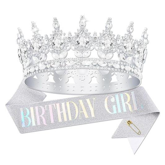 Queen Crown Birthday Crowns for Women, Birthday Girl Sash, Birthday Tiara for Women Set, Princess Rhinestone Birthday Girl Headband Birthday Gifts for Women, Sweet Happy Accessories