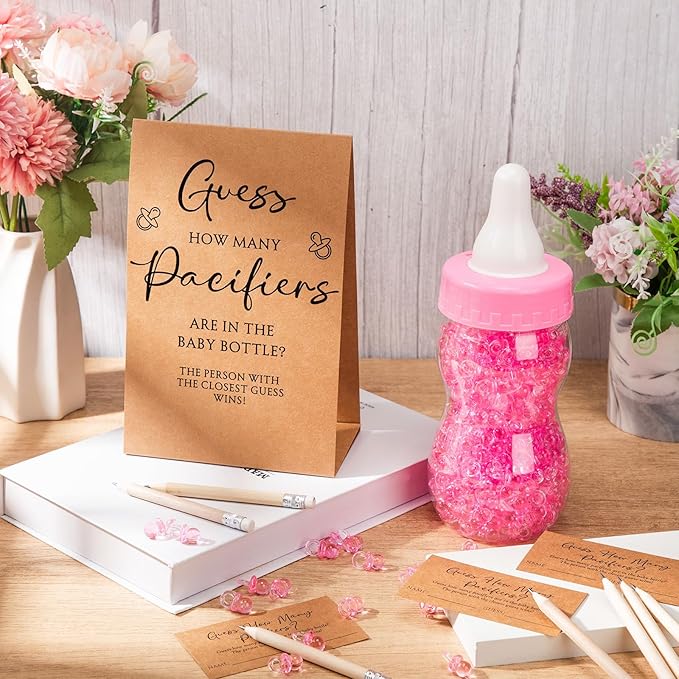 Roowest 512 Pcs Baby Shower Games Guess How Many Pacifiers Sign 100 Small Guessing Games 10 HB Pencils 750ml Milk Bottle 400 Acrylic Pacifiers Decoration for Guest Gender Reveal(Pink,Kraft)