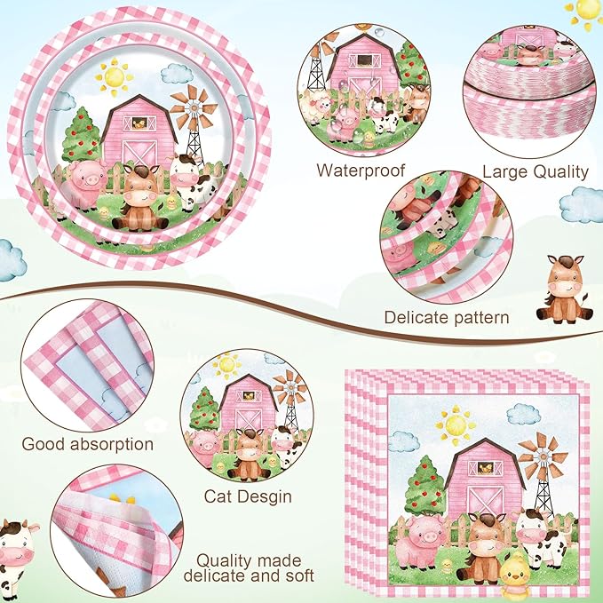 250 Pcs Farm Animals Themed Party Decorations Barn Animal Paper Plates Cups and Napkins Disposable Pink Barnyard Farm Tableware Set for Birthday Baby Shower Party Supplies, Serves 50
