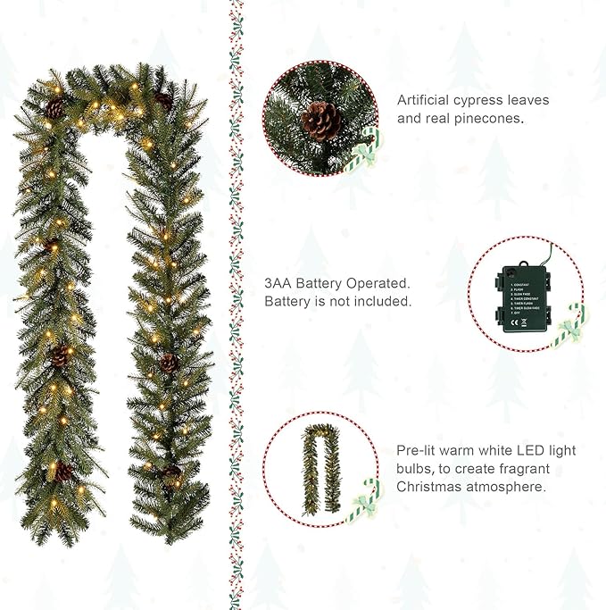 Glitzhome 9ft Pre-Lit Christmas Garland, Greenery Garland with Pine Cones Warm White LED Lights and Timer Pine Garland for Mantle Fireplace Stairs Front Door Window Christmas Party Decorations