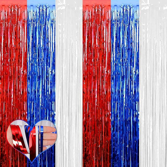 4 Pack 3.2Ft x 9.8Ft Independence Day Fringe Curtain Backdrop, Red Blue White Metallic Tinsel Foil Fringe Streamers Curtains Background for Photo Booth Birthday Wedding Carnival Party Decorations