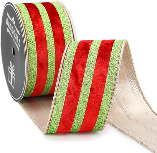 Red Velvet Wired Ribbon with Lime Green Glitter Stripe 2.5 Inch Crushed Velvet Christmas Ribbon, 10 Yards for Gift Wrapping, Crafts, Christmas Tree Decorations, Wreaths, Garlands