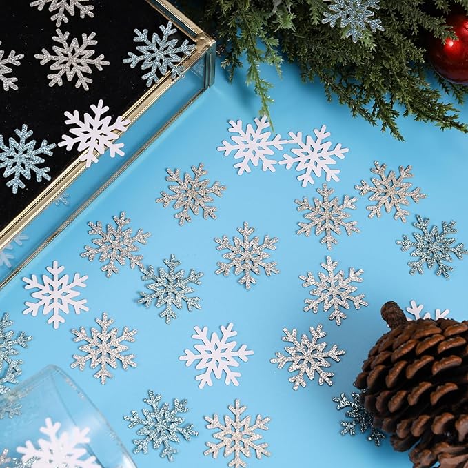 VHUWE Winter Snow Confetti, 200 Pcs Glitter Silver Light Blue White Snowflakes Confetti for Birthday Baby Shower Holiday Party Christmas Table Centerpiece New Years Eve Decorations Supplies - Paper
