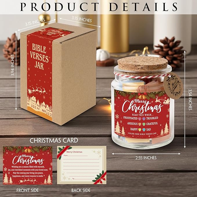 Christmas Bible Verse Jar – 92 Color Code Bible Verse, 6 Colors for 6 Emotions, Best Christmas Gifts 2025 For Women, Teen Girls, Grandkids, Unique White Elephant Gifts, Best Holiday Presents