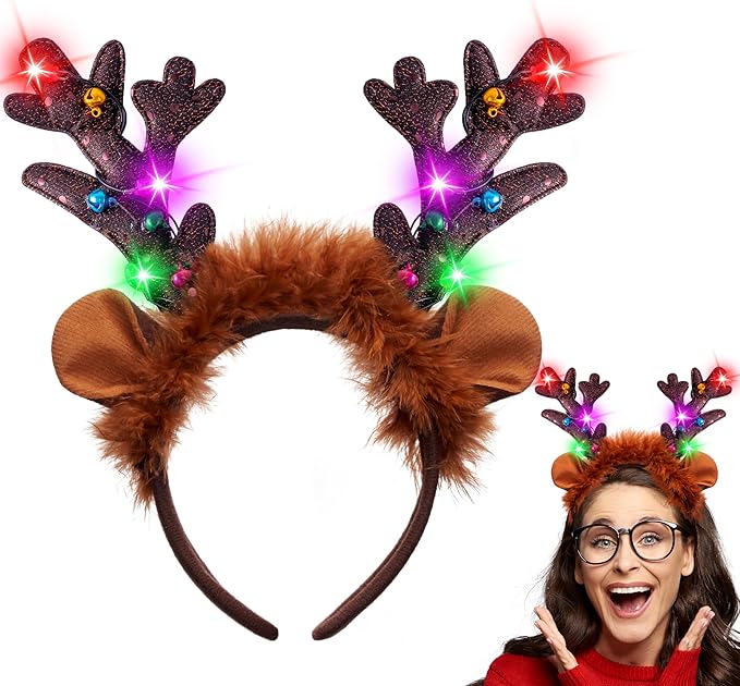 JOYIN Christmas 4PCS Reindeer Headband, Light-Up LED Antlers Reindeer Hat Holiday Headbands for Christmas Party Supplies and Holiday Parties Favors (ONE SIZE FITS ALL)